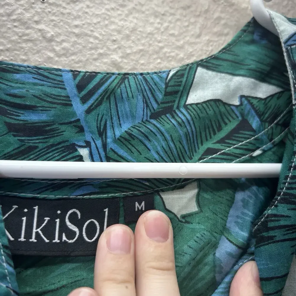 Kikisol Palm Leaves Tunic Top V‎ Neck Swim Cover Resort Wear Medium 100% Cotton